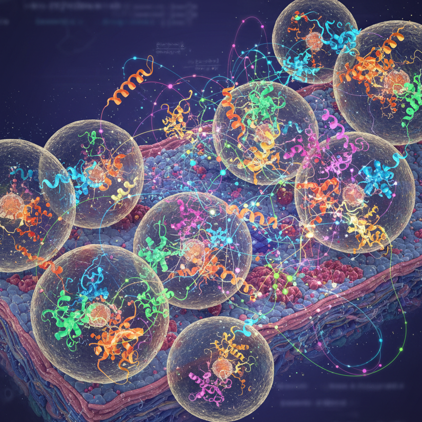 A spatial interactomics image showing protein structures predicted by AlphaFold, visualized inside cells and tissues with visible graph networks representing protein-protein interactions. The aesthetic should resemble computational molecular biology visuals with colorful nodes and edges, and realistic cellular environments.