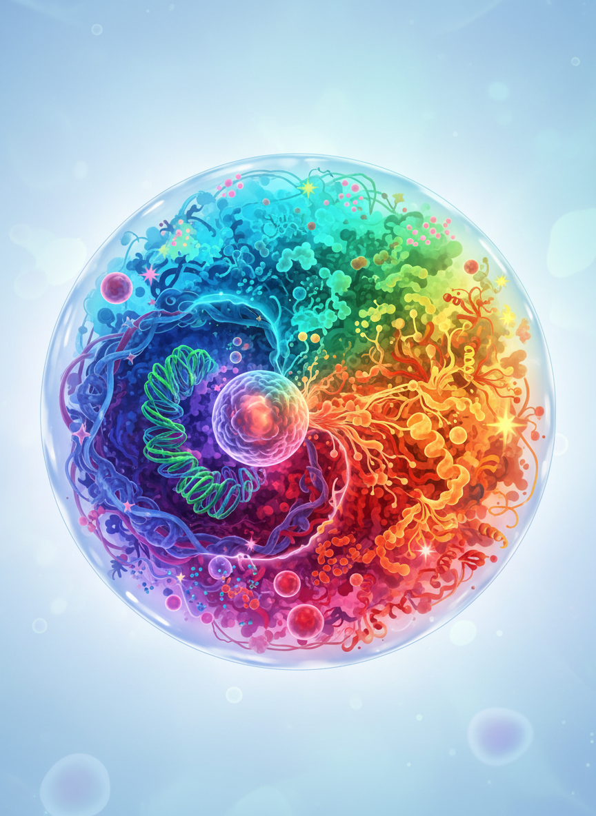 A cell illustration with visual elements representing spatial multiomics layers—such as distinct colors and patterns for genomics, proteomics, and metabolomics regions—each mapped within the cell, connected but with no text labels or annotations. Scientific and visually engaging style.