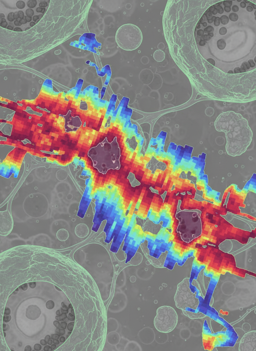 RNA molecules displayed in zig-zag patterns, showing regions of different densities within cells, resembling the look of geographical heat maps.