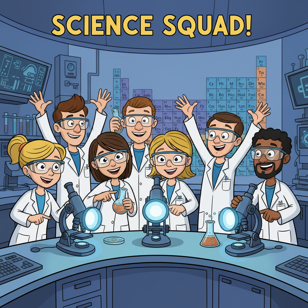 a team image of cartoon-style scientists wearing lab coats, standing near microscopes