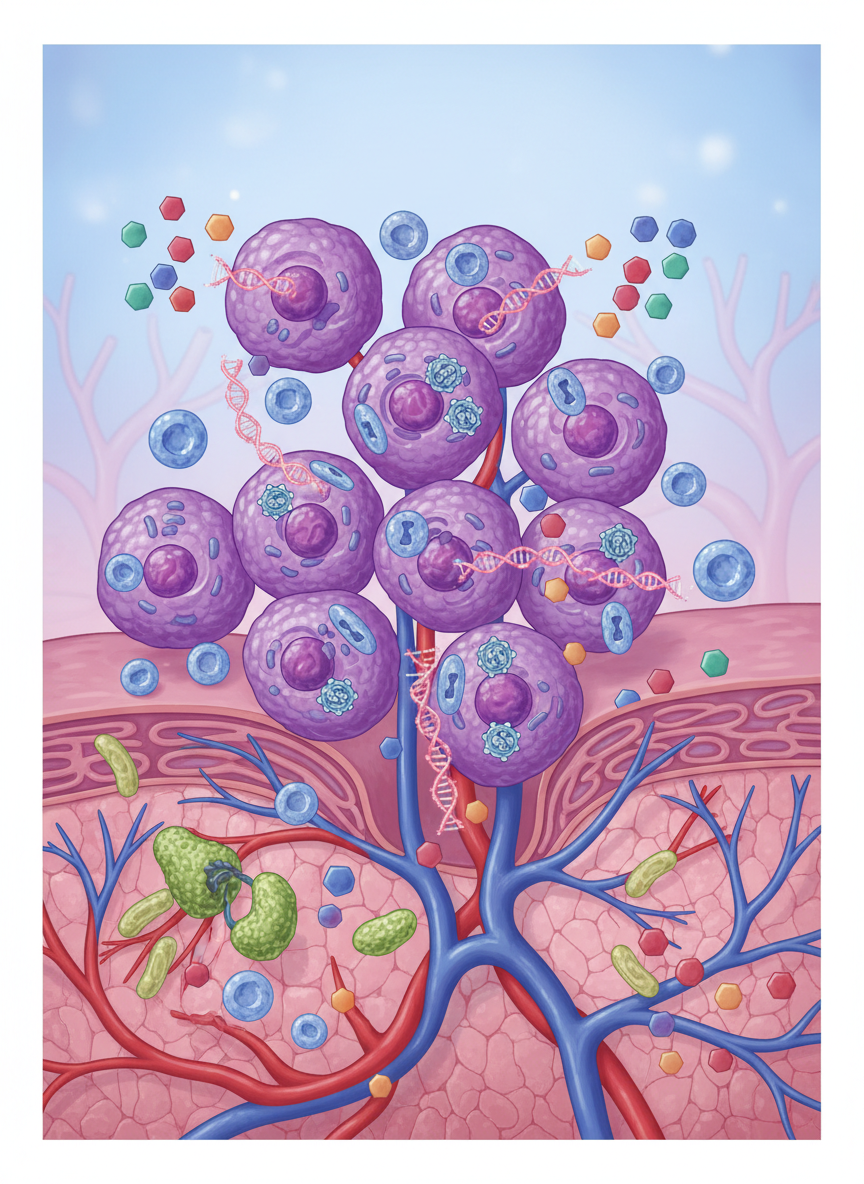 An illustration visualizing molecules and cells involved in drug resistance of lung cancer, with no overlaid text, only detailed visual elements representing scientific concepts.