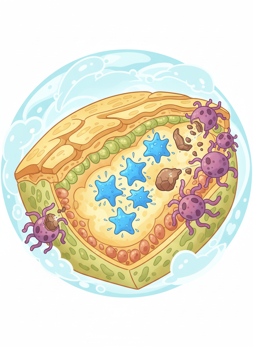 A detailed, informative cartoon-style illustration showing stem cell therapy prediction during regeneration near immune activation; focus on the interaction between stem cells and immune cells without any text or labels. Highlight distinct stem cells, regenerative tissue, and immune cells in an engaging, educational way.