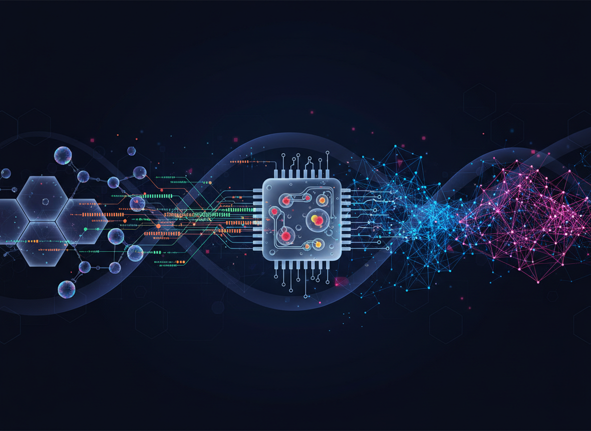 A modern illustration for a hero header showing an abstract integration of spatial omics, molecular barcoding, organ-on-a-chip technology, and artificial intelligence. Visualize molecular structures, data flows, microfluidic chips, and neural networks; all on a sleek, dark, contemporary background. No text or labels in the image.