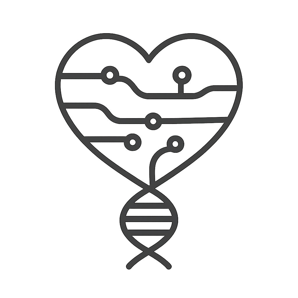 Logo representing gene expression in a microfluidic heart, combining stylized heart shape, microfluidic chip channels, and DNA strands in a clean, scientific, minimal style suitable for a research lab website
